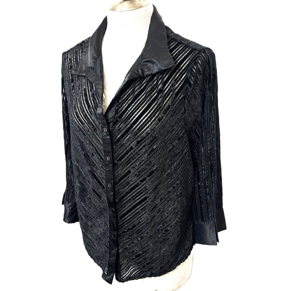 * Aqua Blues Vintage 90’s Black Velvet Burn Out Stripe Blouse Size 1 X